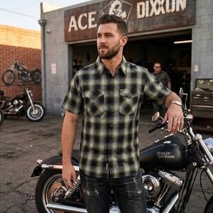Dixxon Flannel Co THE ACE Bamboo Short Sleeve Shirt XS Green Black Plaid NWT